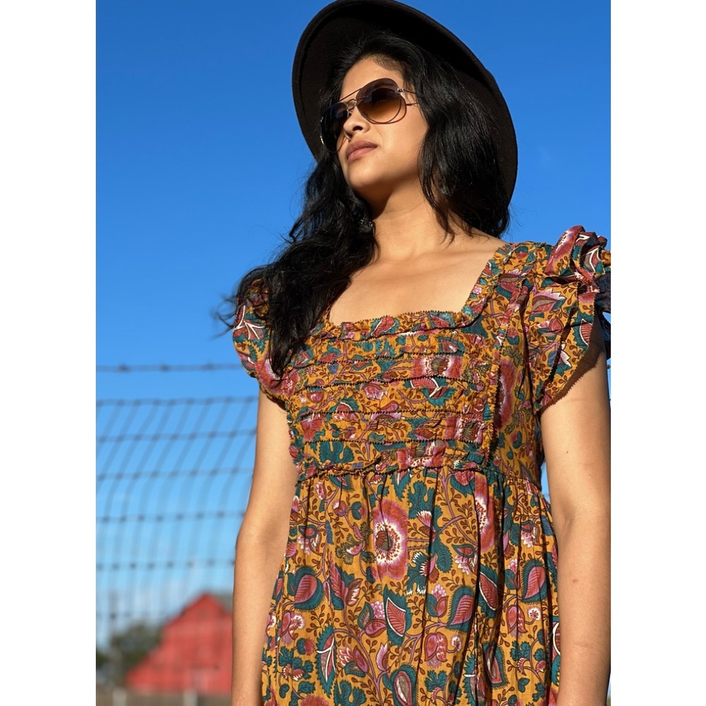 NEW House Of Harlow 1960 Jackie Mustard Floral Print Smocked Maxi Dress large